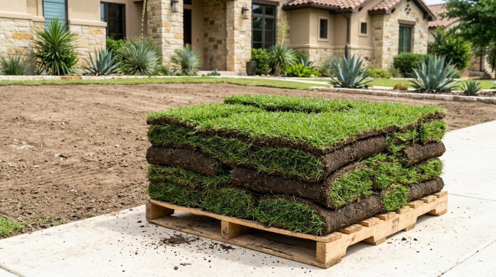 Bermuda Tif Sport sod rolls stacked on a pallet, showing dense green turf ready for installation.