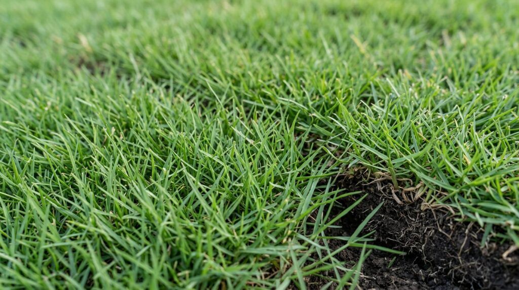 Bermuda TifTuf sod close-up showing dense, vibrant green blades and thatch texture.