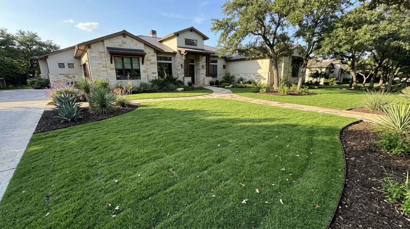 Bermuda TifTuf sod installation with fresh green rolls laid in neat seams across a sunny lawn.