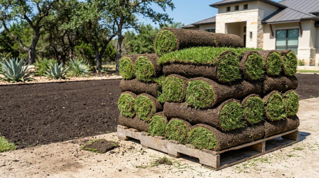 Bermuda TifTuf sod rolls with lush green blades stacked for installation.