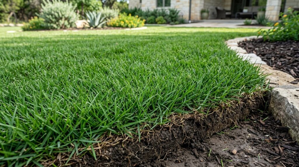 Bermuda TifTuf sod rolls stacked on a pallet, showing dense green turf ready for sod installation.
