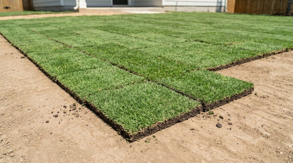 Bermuda TifTuf sod rolls stacked on a pallet, showing dense green blades ready for installation.