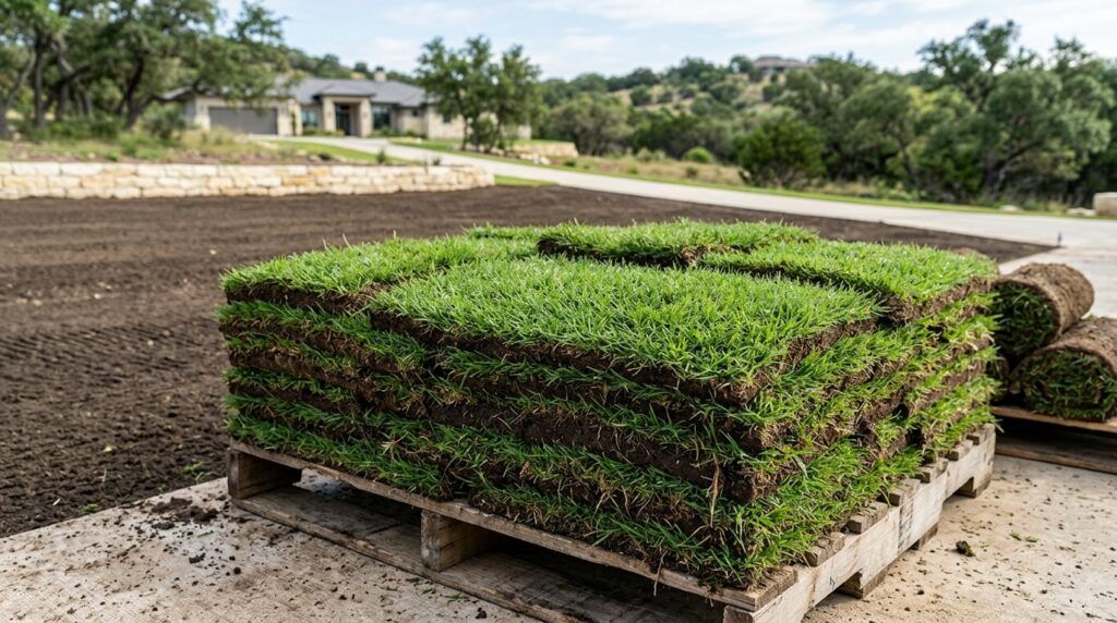 Bermuda Tifway 419 sod with dense, bright green blades in freshly laid rolls ready for installation.