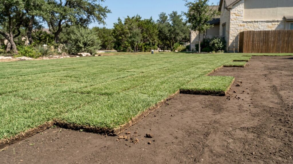 Bermuda Tifway 419 sod rolls freshly laid, vibrant green turf with visible seams ready for rooting.