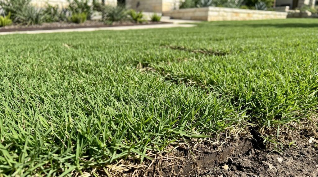 Bermuda Tifway 419 sod rolls stacked with dense green blades, ready for sod installation.