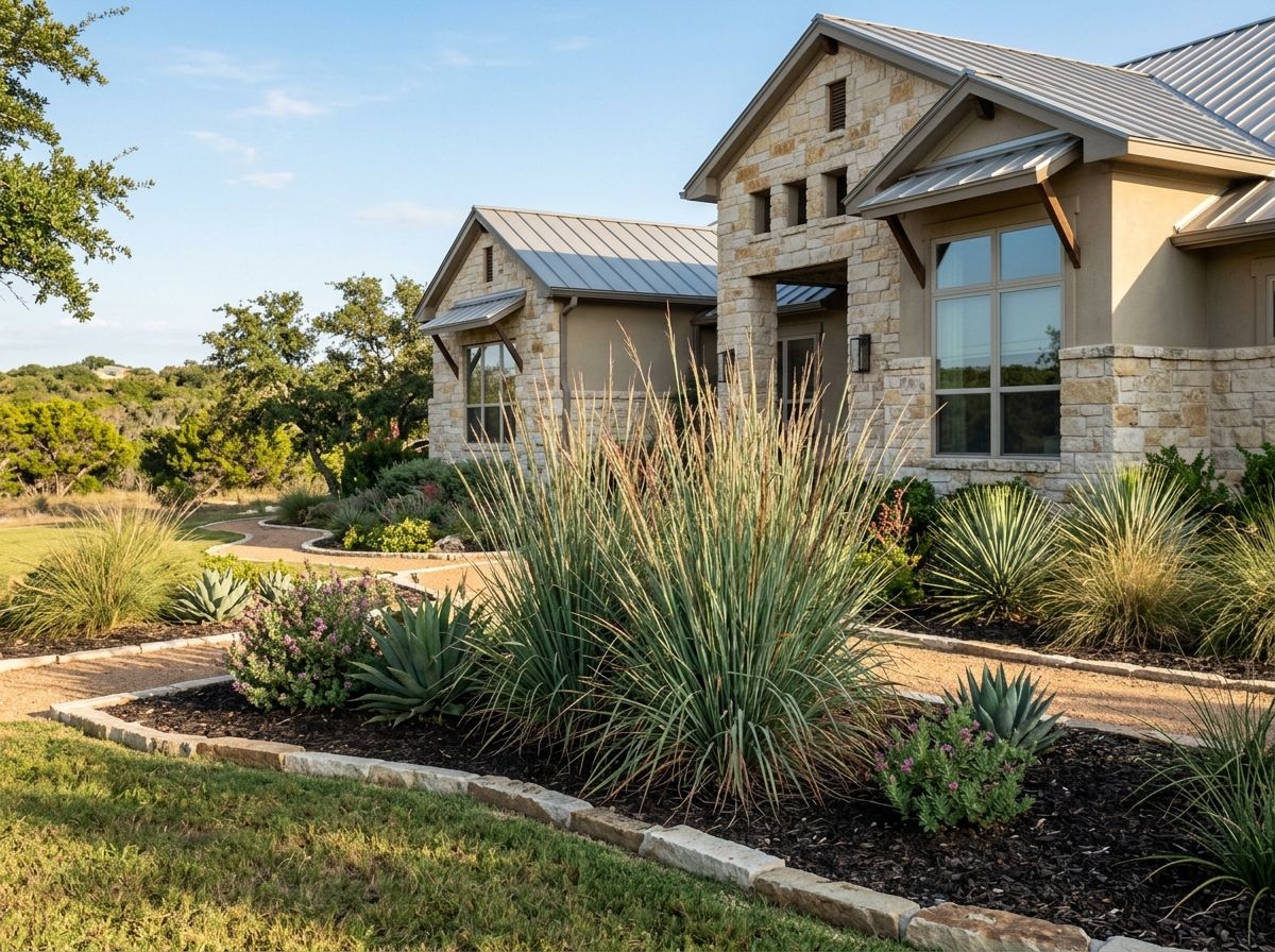 Big Bluestem perennial grass in a dense clump with tall blue-green blades and reddish seed heads.