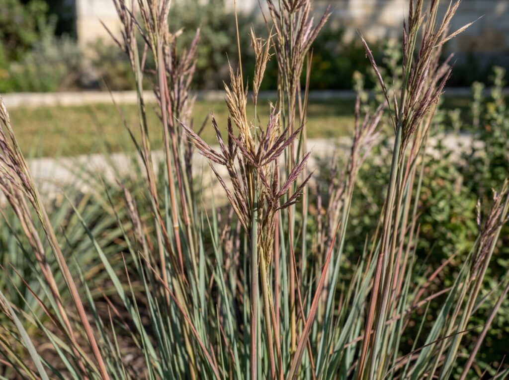 Big Bluestem in a nursery pot with upright blue-green blades and feathery seed heads.