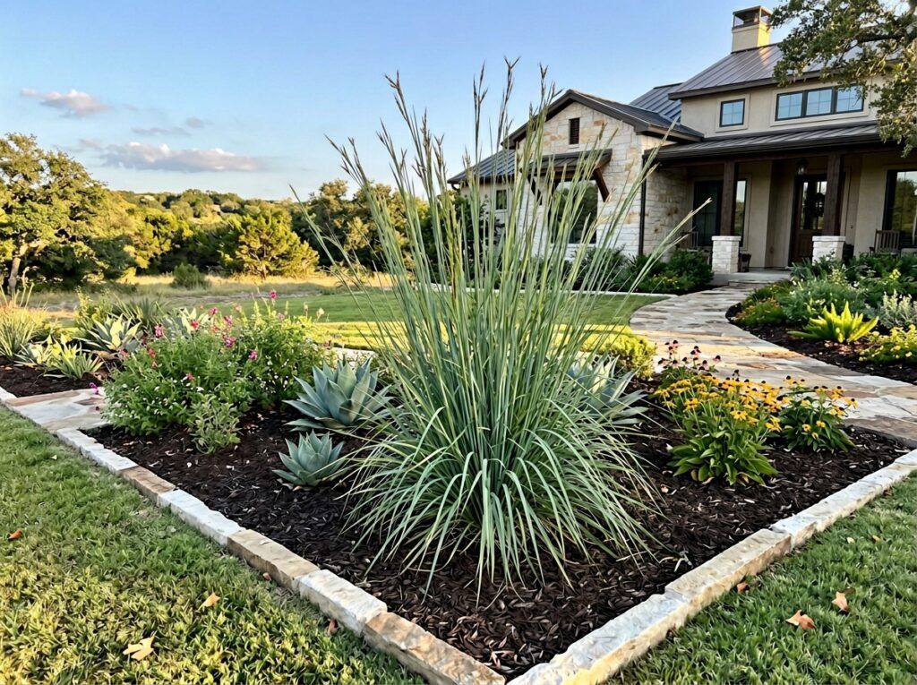 Big Bluestem ornamental grass in a dense upright clump with green blades and tan seed heads.