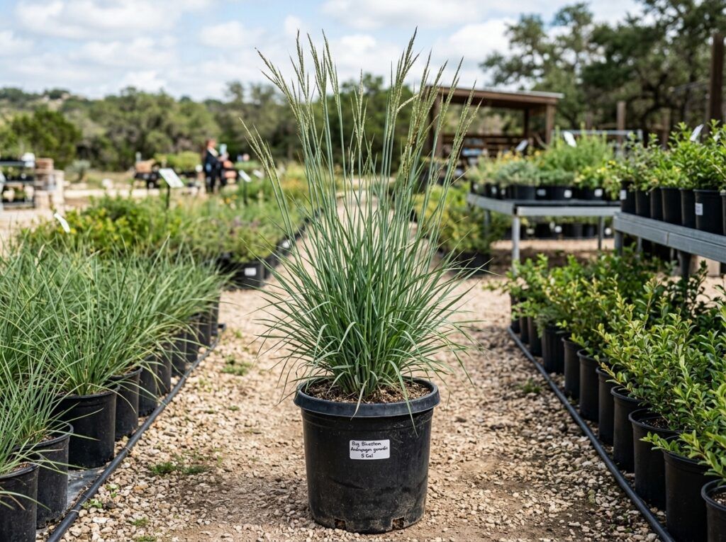 Big Bluestem ornamental grass in a nursery pot, with tall green blades and upright tan seed heads.
