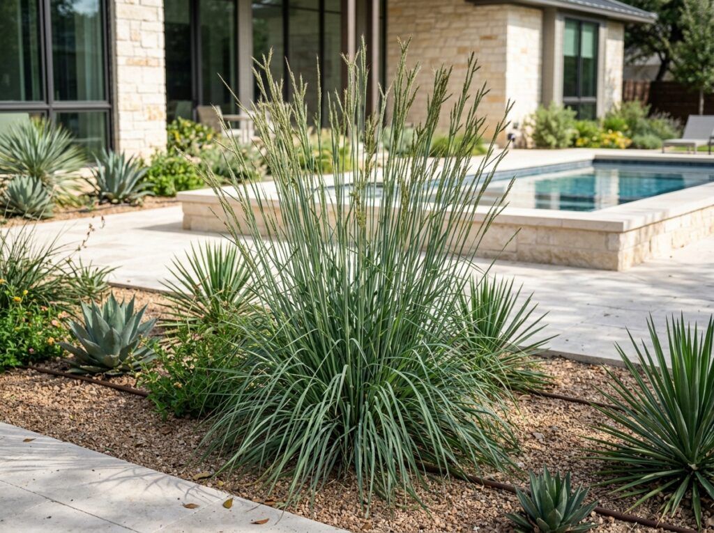 Big Bluestem perennial grass in a black nursery pot, forming a tall upright clump of blue-green blades.