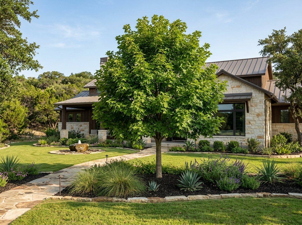 Bigtooth Maple tree with dense green canopy and sturdy trunk planted in a landscape setting.