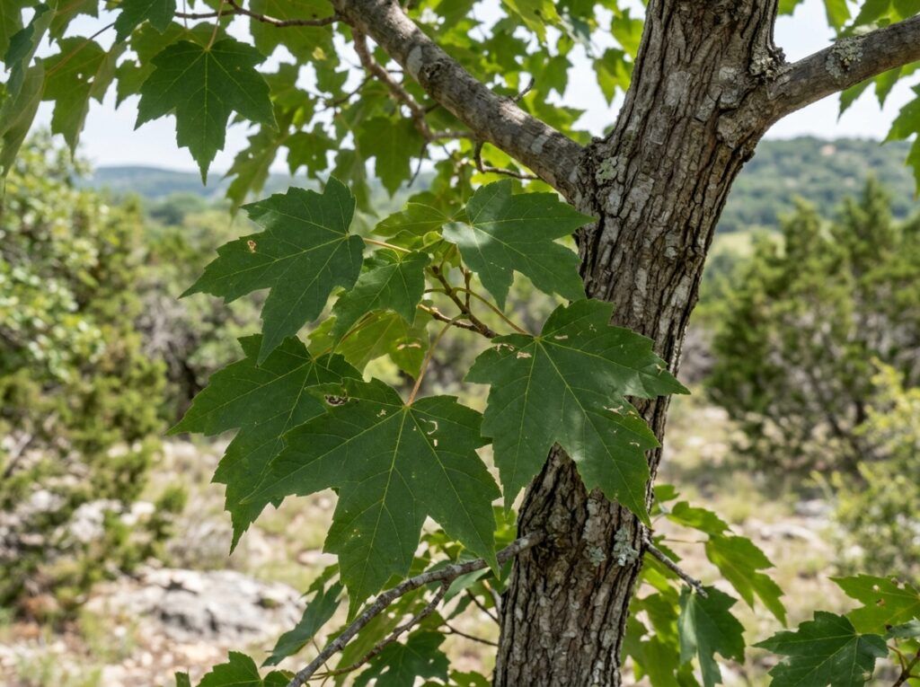 Bigtooth Maple tree in a nursery container, showing dense green lobed foliage on a young upright trunk.