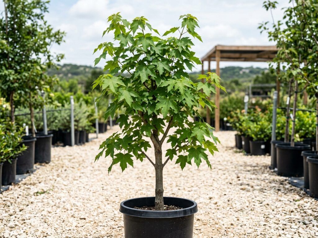 Bigtooth Maple tree in a nursery container with green lobed leaves on a single trunk.