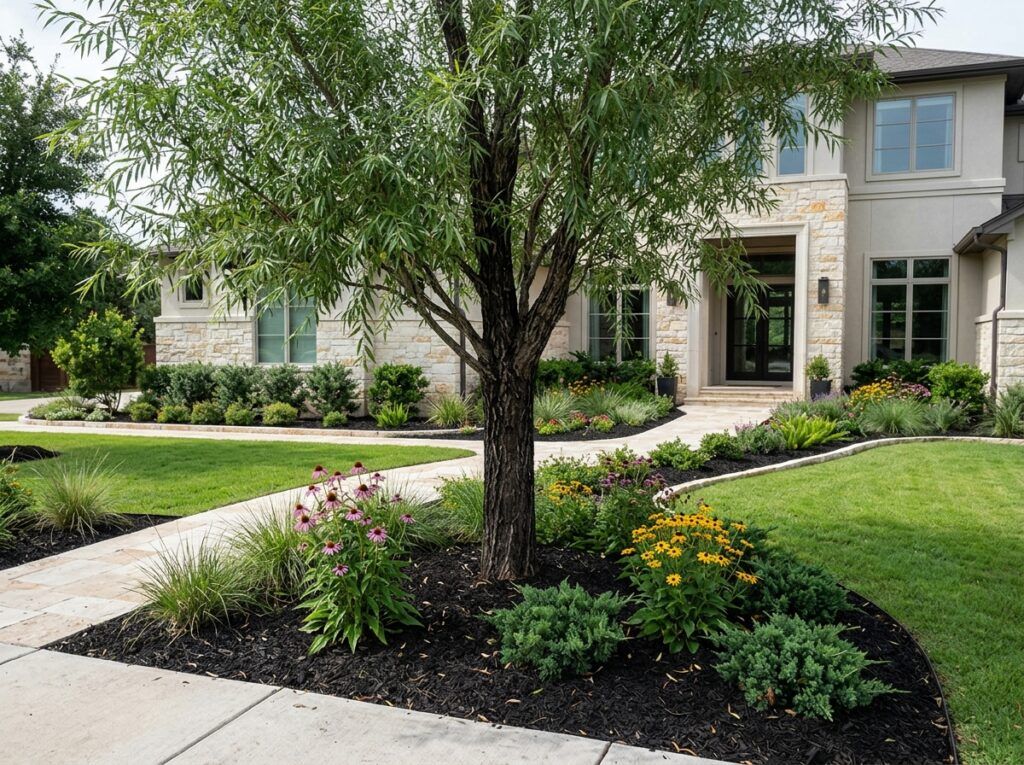 Black Willow tree with slender trunk and narrow green leaves, shown as a mature specimen in a landscape setting.