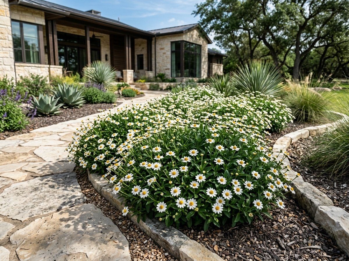 Blackfoot Daisy perennial groundcover with a low mound of gray-green foliage covered in small white flowers.