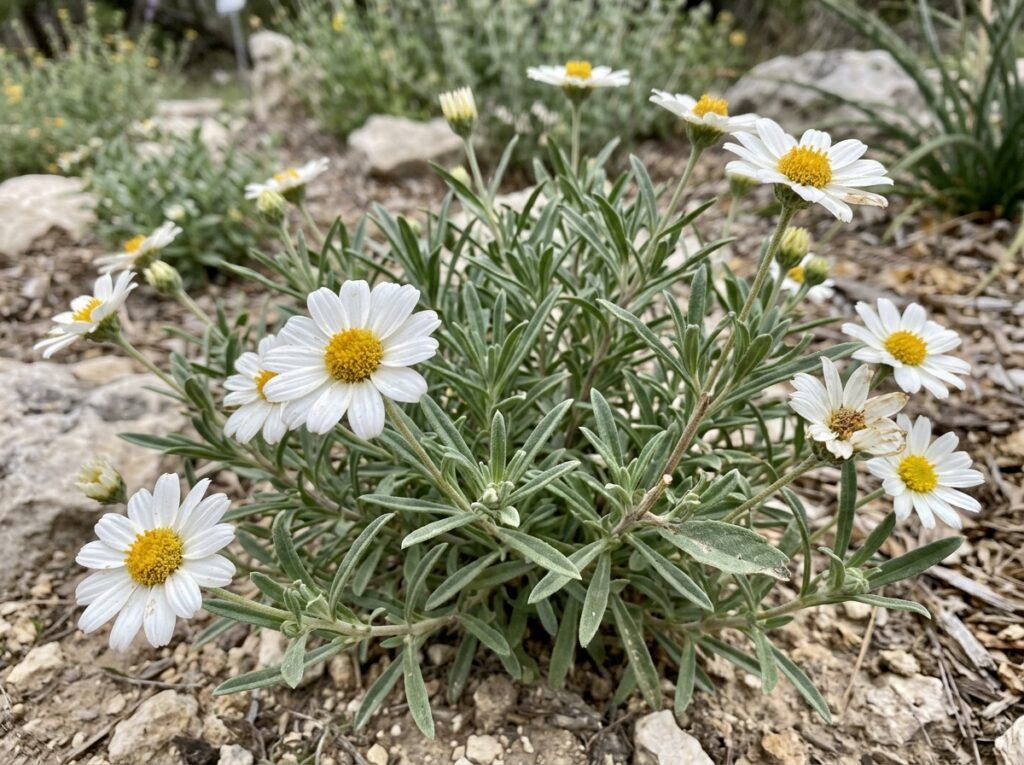 Blackfoot Daisy perennial with a low mound of gray-green foliage covered in small white daisy blooms with yellow centers.