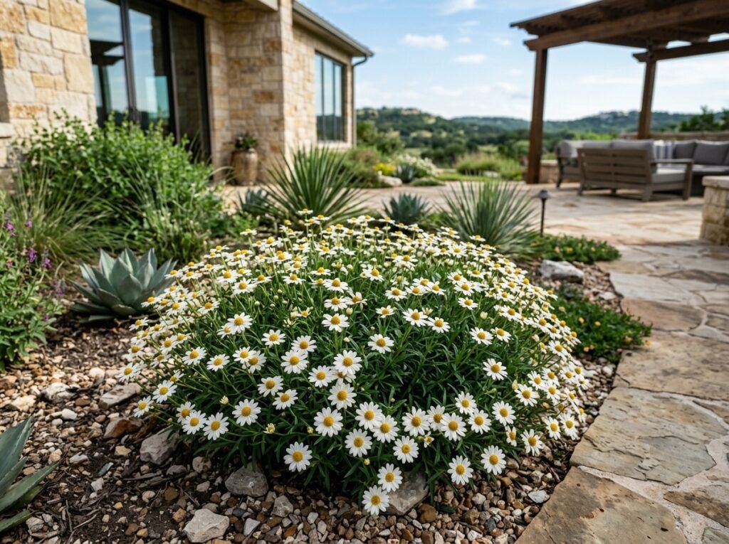 Blackfoot Daisy perennial with small white blooms and green foliage growing in a garden bed.