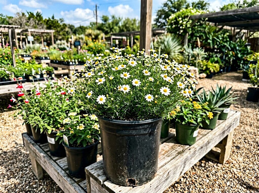 Blackfoot Daisy perennial with small white daisy blooms and narrow green foliage in a nursery pot.