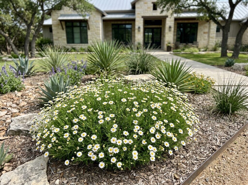 Blackfoot Daisy perennial with white daisy-like blooms and yellow centers in a nursery container.