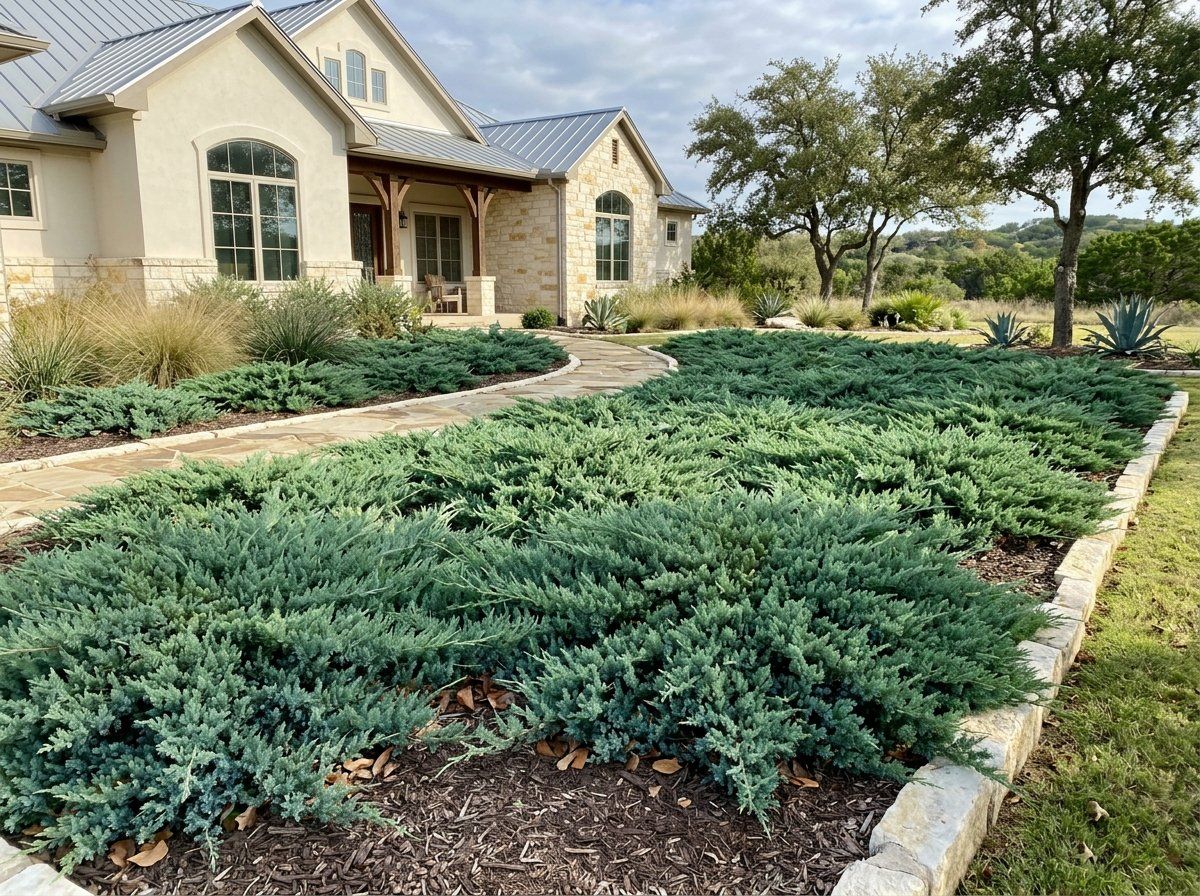 Blue Pacific Juniper groundcover with dense, low mounded blue-green needles in landscape.