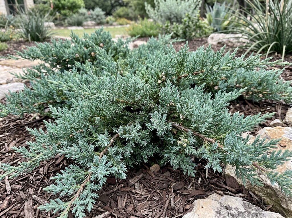 Blue Pacific Juniper shrub with dense, blue-green needle foliage in a nursery pot.