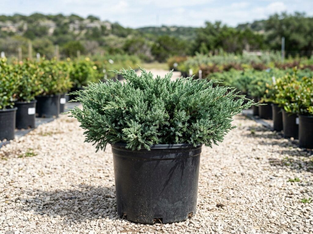 Blue Pacific Juniper shrub with dense blue-green needle foliage in a landscape bed.
