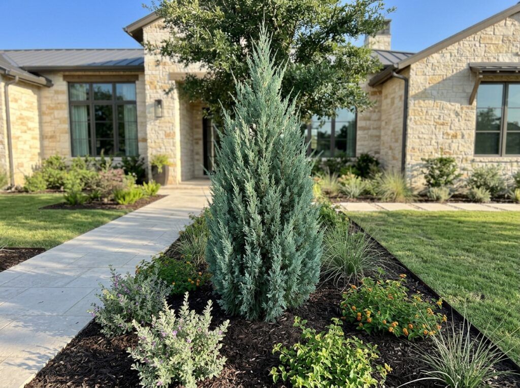 Blue Point Juniper shrub in a black nursery pot with dense blue-green, conical evergreen foliage.