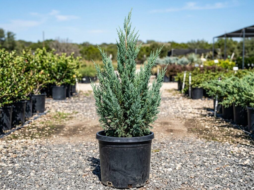 Blue Point Juniper shrub with dense blue-green foliage in a black nursery container.