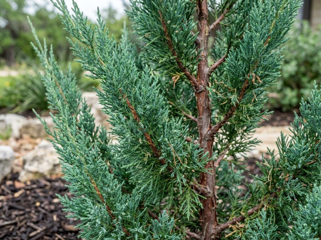 Blue Point Juniper shrub with dense blue-green foliage in nursery container, upright conical form.