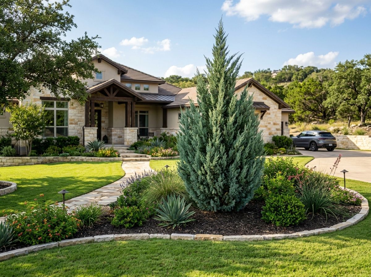 Blue Point Juniper shrub with dense blue-green foliage in a tall, narrow conical form.