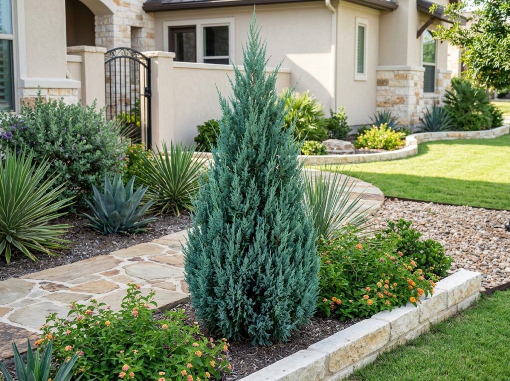 Blue Point Juniper shrub in a black nursery pot with dense blue-green evergreen foliage.