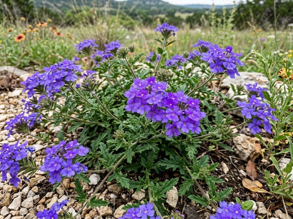 Blue Princess Verbena perennial in a nursery pot, covered in small purple-blue flowers and green foliage.