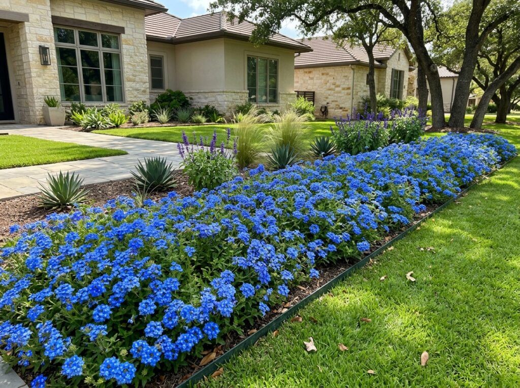 Blue Princess Verbena perennial with clusters of purple-blue flowers and green foliage in a nursery container.