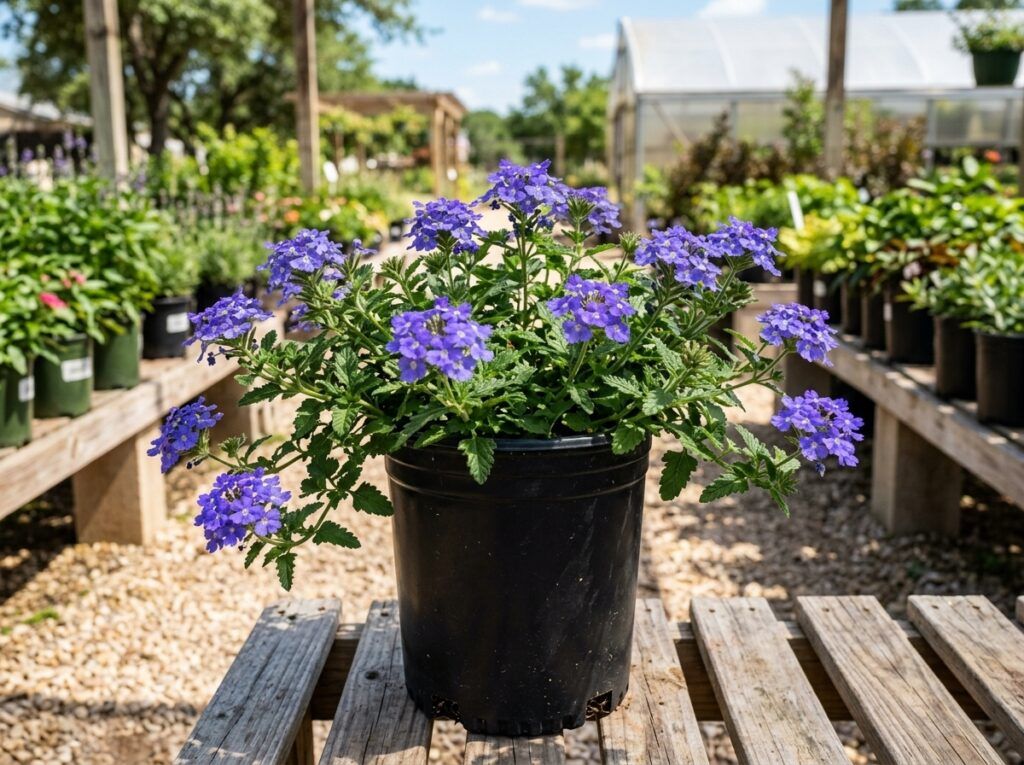 Blue Princess Verbena perennial with clusters of violet-blue flowers and green foliage in a nursery pot.