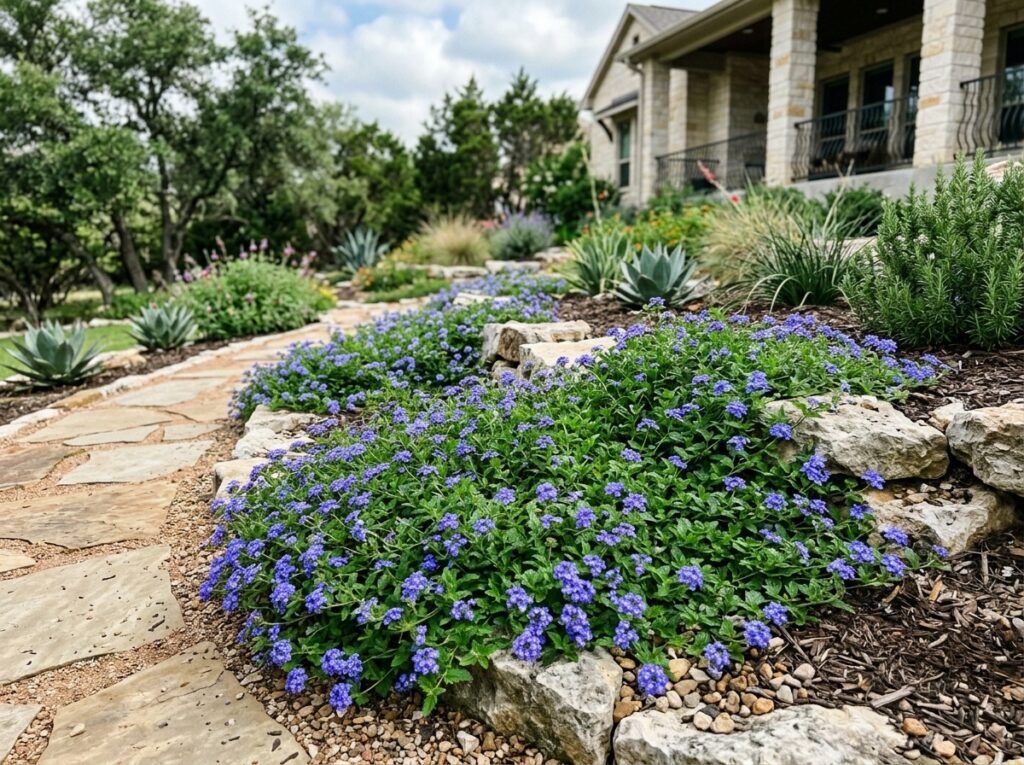 Blue Princess Verbena perennial with clusters of vivid purple flowers and green foliage in a nursery pot.