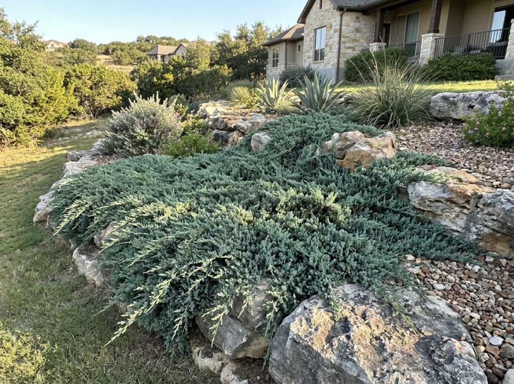 Blue Rug Juniper groundcover shrub with dense, low spreading blue-green foliage in landscape.