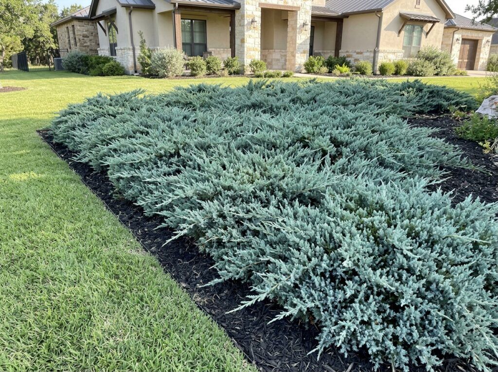 Blue Rug Juniper groundcover with dense blue-green needles spreading low in a nursery container.