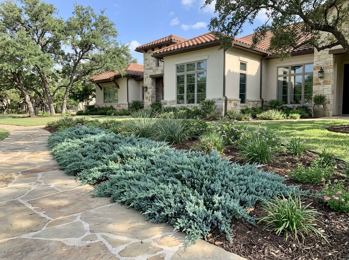 Blue Rug Juniper groundcover with dense blue-green needles spreading low over the ground in a landscape planting.