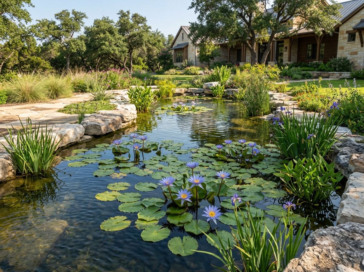 Blue Water Lily aquatic perennial with blue blooms and round green pads floating on water.