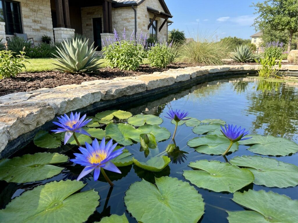 Blue Water Lily perennial with blue-purple blooms and round floating lily pads on water.