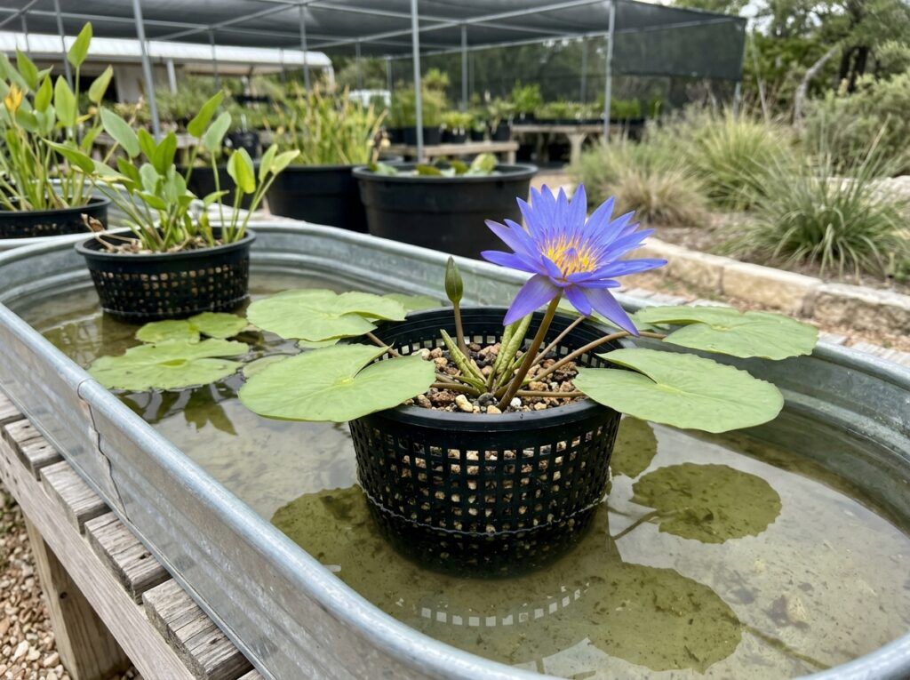 Blue Water Lily perennial with a blue bloom floating among green lily pads on calm water.