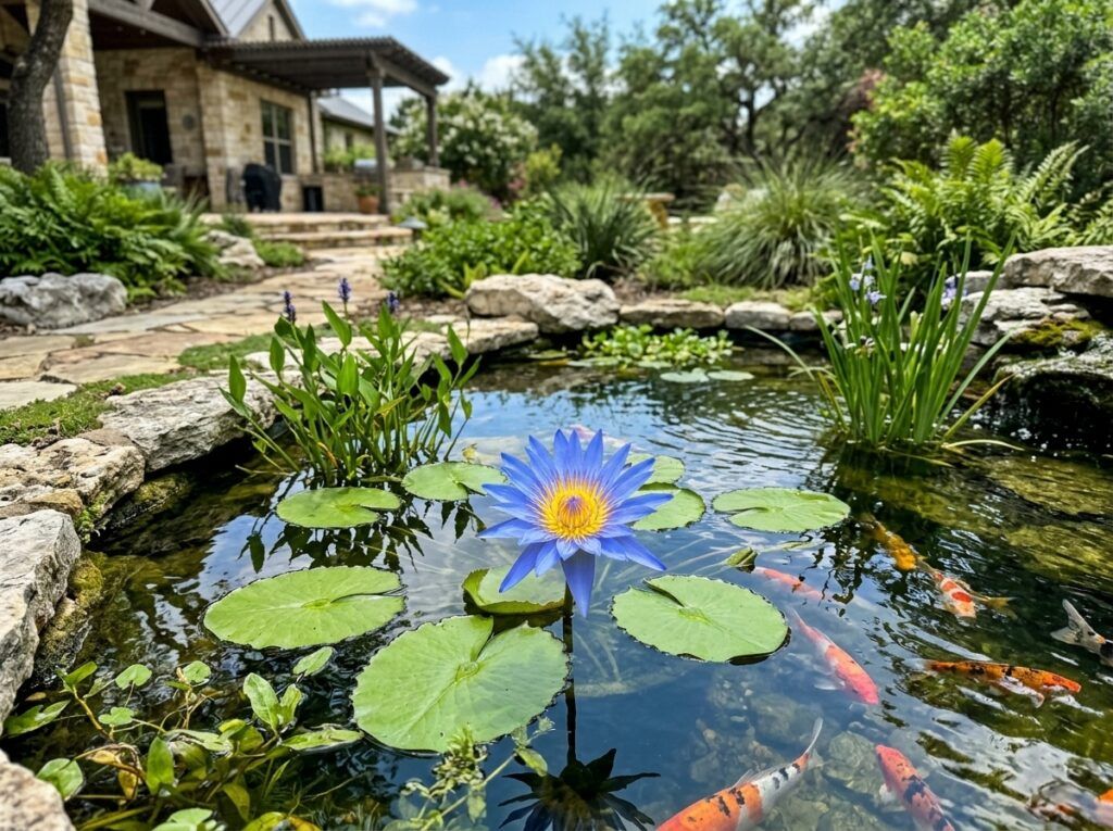 Blue Water Lily aquatic perennial with vivid blue bloom and yellow center floating on green lily pads.