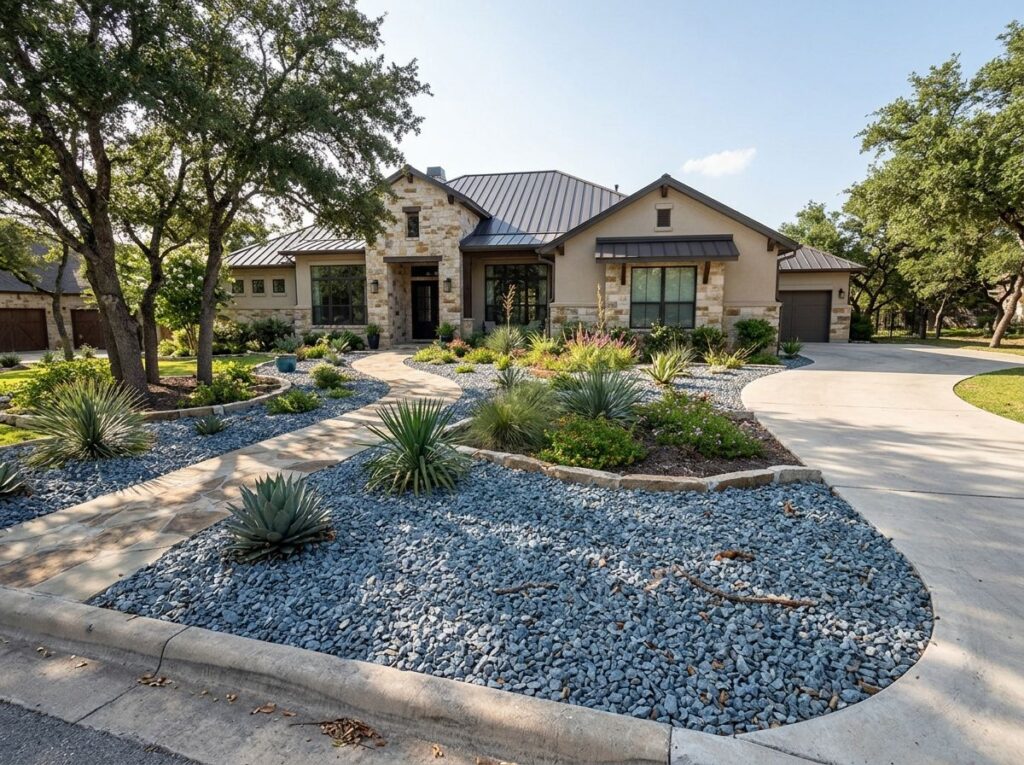 Blue Limestone ground cover stones spread in a landscaped bed, showing cool blue-gray rock texture.