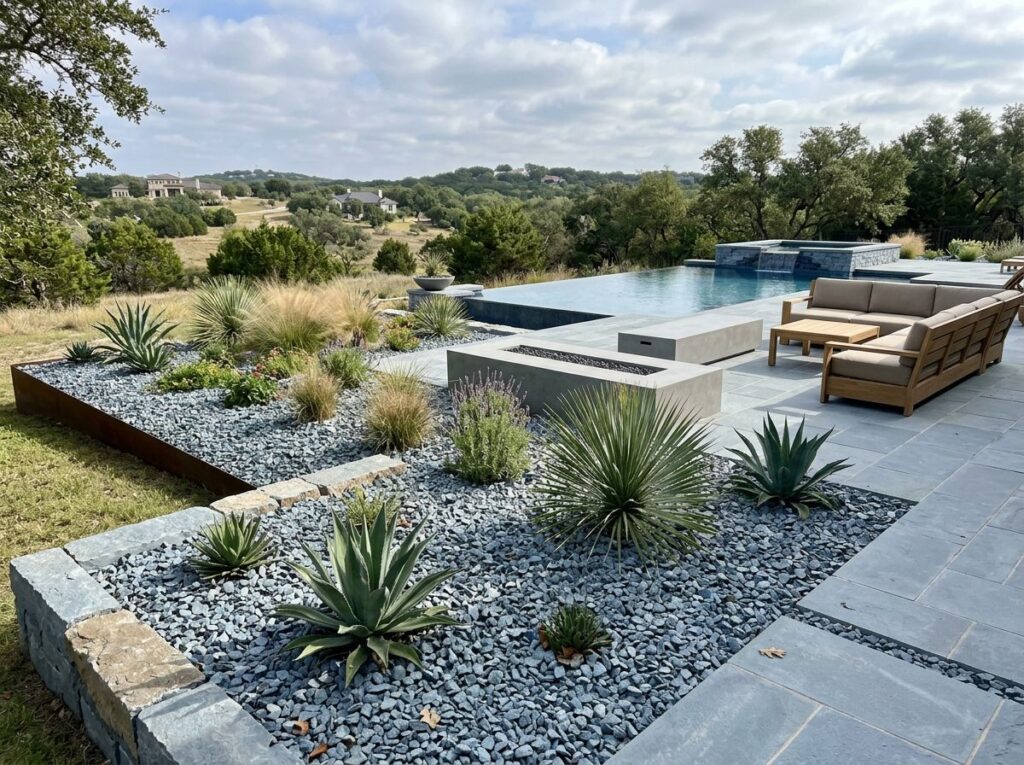 Blue Limestone ground cover spread as small blue-gray stones around plants along a landscaped bed.
