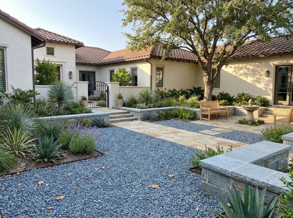 Blue Limestone ground cover rocks in cool gray-blue tones spread evenly across a landscaped garden bed.