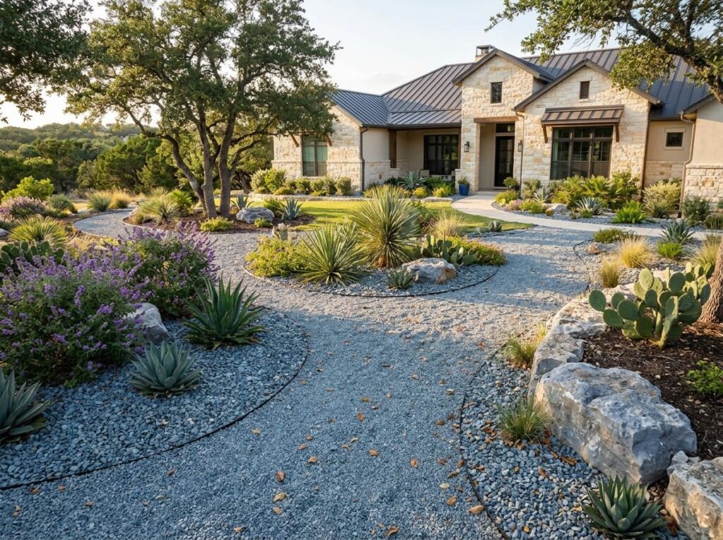 Blue Limestone ground cover of blue-gray crushed stone spread across a landscaped bed beside a walkway.