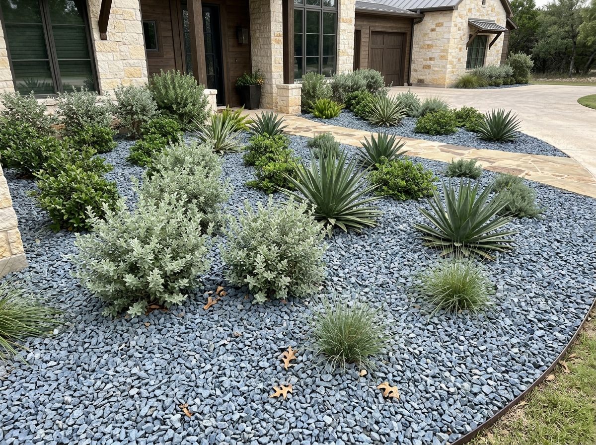 Blue Limestone ground cover of angular blue-gray stones spread along a garden bed beside edging.