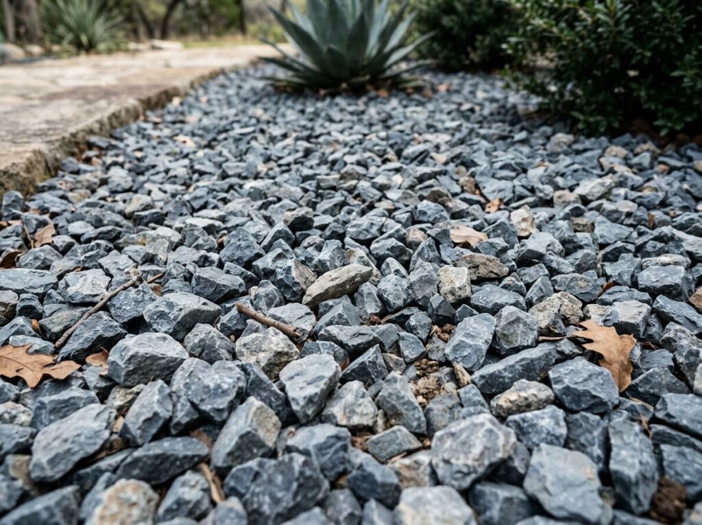Blue Limestone ground cover stones in cool gray-blue tones spread as decorative landscaping rock.