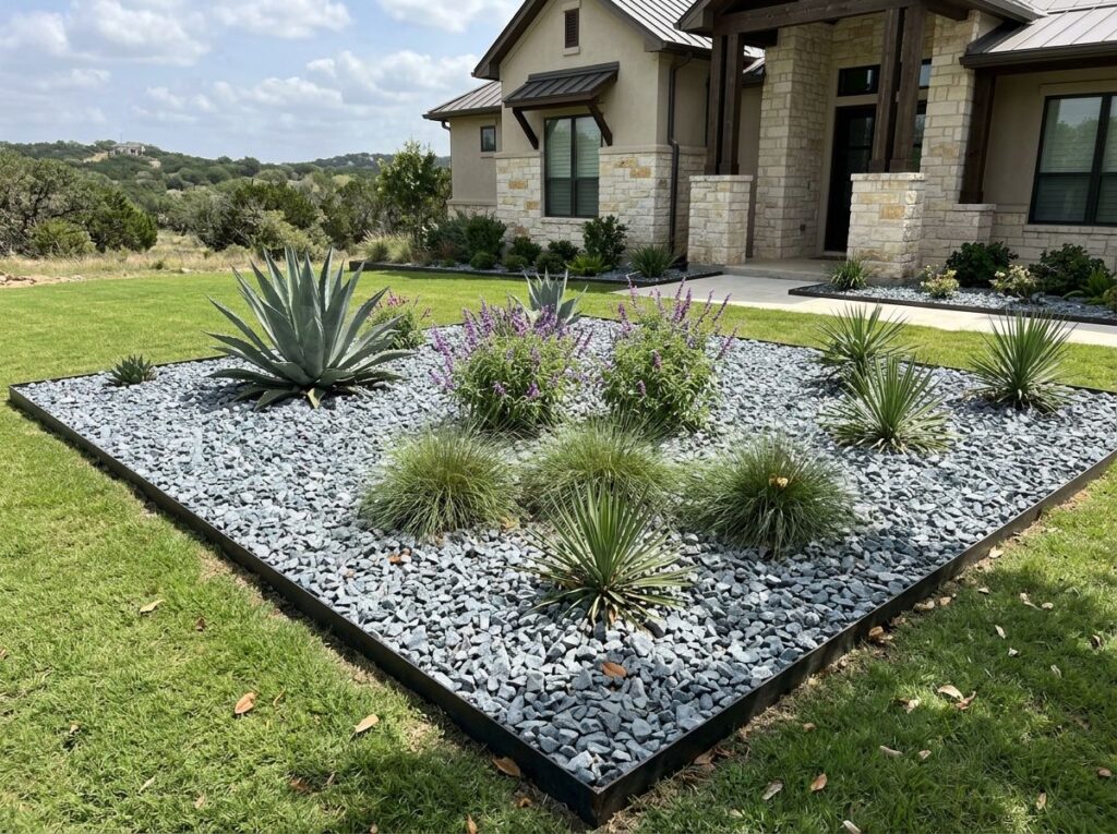 Blue Limestone ground cover stones in cool gray-blue tones spread evenly for a decorative landscape bed.