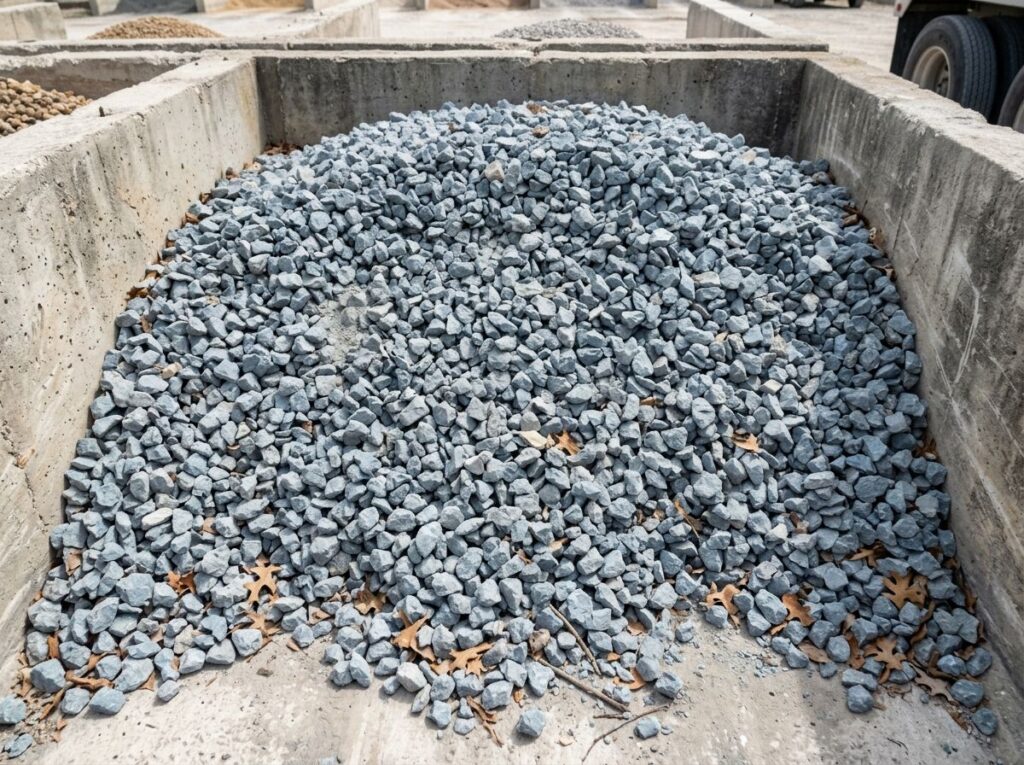 Blue Limestone ground cover of angular blue-gray stones spread in a landscaped bed.